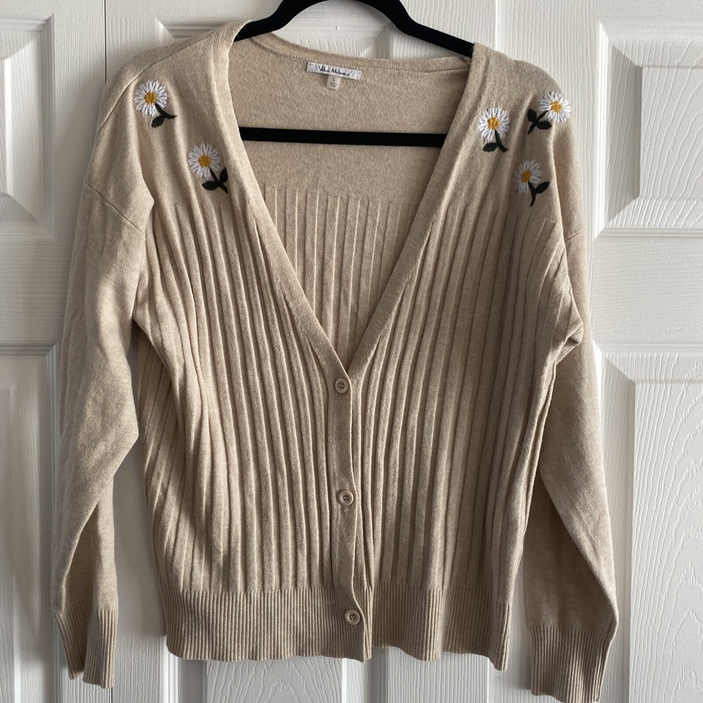 Vila Milano Womens Large Tan Ribbed Knit Cardigan Daisy Embroidery Clean Girl